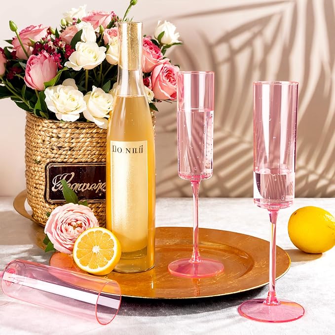 Ciaell 24 Pack Pink Plastic Champagne Flutes for Weddings Birthdays | 6 oz Pink Square Toasting Cups, Heavy Duty Plastic, Champagne Wine Mimosas Cocktails for Anniversaries Parties Baby Showers