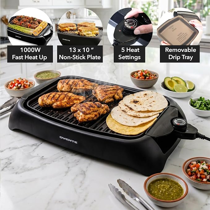 OVENTE Electric Indoor Grill, 13x10 Inch Non-Stick Plate, Black GD1632NLB | 1000W Fast Heat Up Power, Adjustable Temperature, Removable and Dishwasher Safe Grilling Plate and Drip Tray