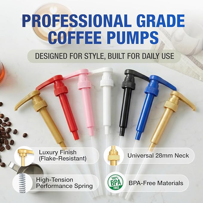 Premium Syrup Pump Compatible w/Torani 750 ml Bottle, Davinci Syrups - No Spill, No Clog Syrup Pump Dispenser for Vanilla, Snow Cone, Coffee Flavoring & More (Pack of 6, Black, White & Gold)