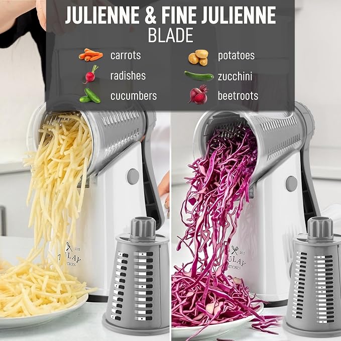 Zulay Kitchen Rotary Cheese Grater 5 Blade Cheese Shredder - Manual Hand Crank Cheese Grater With Reinforced Suction & 5 Interchangeable Drums - Easy to Use, Vegetable Chopper Round Mandoline Slicer