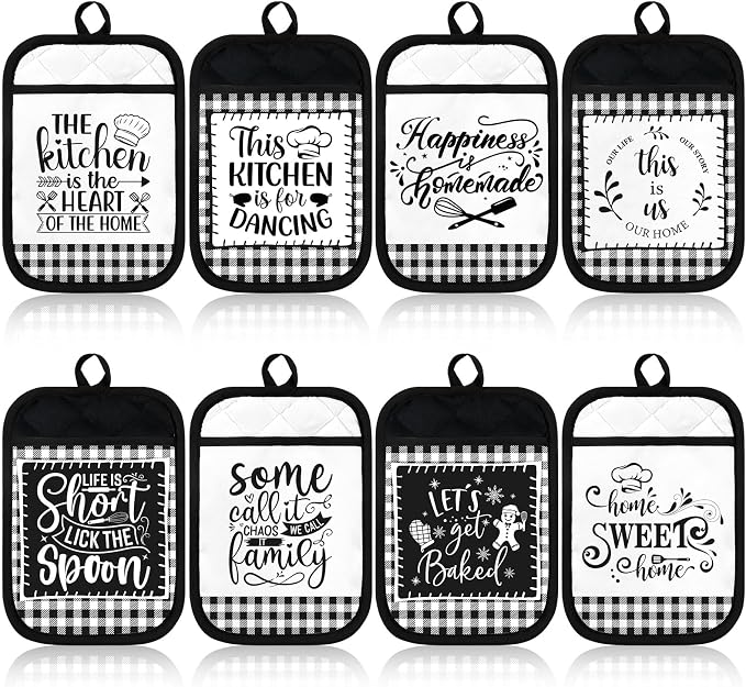8 Pcs Pot Holders with Pocket Farmhouse Kitchen Black White Decoration Home Sweet Potholder Hot Pad Oven Mitt Cookie Bag Oven Gloves Heat Resistant for Kitchen Decoration Baking Cooking Gift Microwave