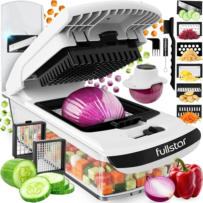 Fullstar Pro Original Vegetable Chopper & Mandoline Slicer Kitchen Gadget | 8 in 1 Veggie Slicer, Onion & Fruit Cutter with Sharp Stainless Steel Blades & Container, All-in-One Meal Prep Tool (White)