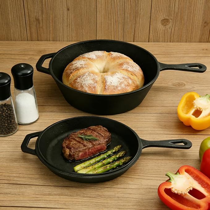 Pre-Seasoned Cast Iron 2-in-1 Combo Cooker with 3.2 Quart Dutch Oven Deep Fry Pan and 10.25 inch Skillet