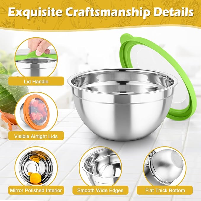 TeamFar Mixing Bowls, 3PCS Stainless Steel Serving Salad Bowls | with Lids & 3 Graters for Kitchen Mixing/Baking/Storing/Prepping, Visible & Airtight, Easy Clean - 4.5/3/1.5 QT, Multi-color