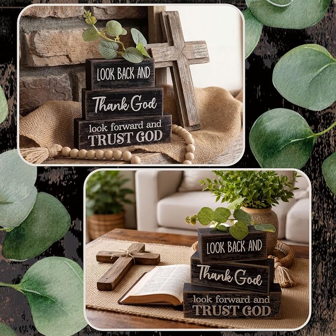 Lineshading 4 Pcs Christian Wooden Block Signs Farmhouse Centerpiece | Rustic Tiered Tray Decor with Bible Verse, Religious Home Signs for Tables, Faith-inspired Wood Blocks Gift