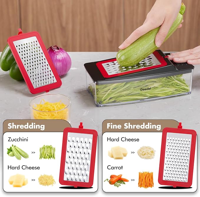 Geedel Vegetable Chopper, Onion Chopper Pro Food Chopper, Kitchen Vegetable Slicer Dicer Cutter Grater, Veggie Chopper with container for Salad Onion Potato Carrot (4 in 1, Red) | Onion Chopper, 420 Stainless Steel, Safety Lock, Dishwasher Safe, No BPA...