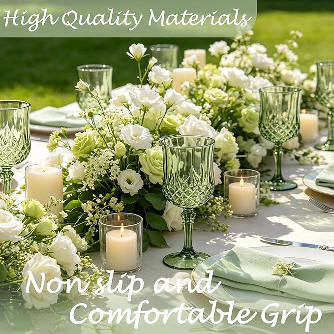 48Pack Plastic Wine Glasses, 7oz Vintage Goblets for Wedding | Unbreakable Crystal Style Reusable Stemware, Elegant New Green Drinking Glass for Party Anniversary & Holiday Celebration