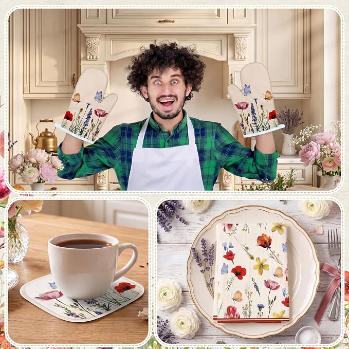 Tieshankao 10Pcs Wildflower Kitchen Decor Accessories Set | Vintage Wildflower Floral Theme, Kitchen Towels, Oven Mitts, Pot Holders, Rugs and Mats, Baking Supplies, Housewarming Gifts
