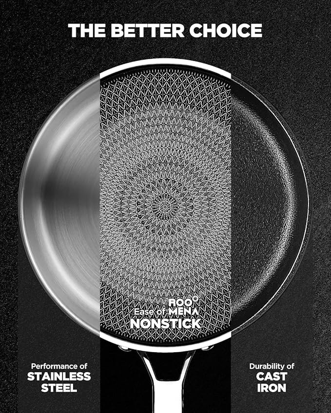 Roomena Non Stick Frying Pans Hybrid Ceramic With Lid, 12 Inch Tri-Ply Stainless Steel Skillet, Non-Toxic, PFAS/PFOA/PTFE Free, Metal Utensil Safe, Dishwasher & Oven Safe,Upgraded Design
