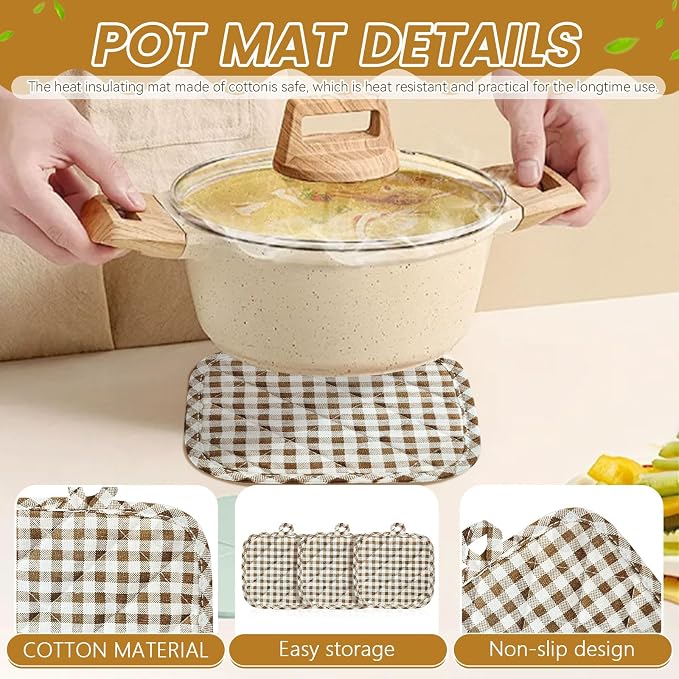 4pcs Pot Holders for Kitchen, Cotton Kitchen Hot Pads, Heat Resistant Oven Mitts and Pot Holders Sets (Khaki Plaid,6)