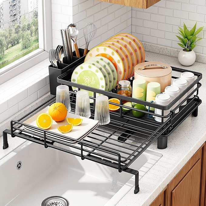 SAYZH Expandable Dish Drying Rack for Kitchen Counter, Metal, Black | Foldable Over Sink, Large Capacity, Rust-Resistant, Adjustable for Most Sinks, Automatic Drainage, Removable Utensil Holder