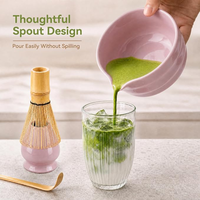 Matcha Whisk Set with Elegant Pink Ceramic Bowl - Complete Matcha Making Kit, Bamboo Whisk (Chasen), Holder, Matcha Sifter, Scoop, Traditional Tea Ceremony Tools