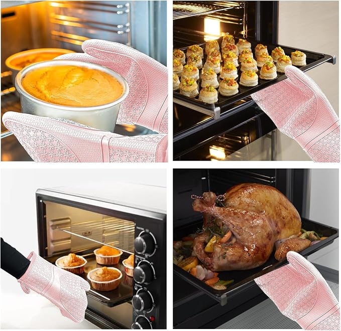 Hovico Silicone Oven Mitts, Heat Resistant 500F Kitchen Mitts 2PCS, 11.6" BPA-Free Soft Baking Gloves, Non-Slip Grip Oven Gloves with Soft Cotton Lining for Kitchen Cooking Baking BBQ - Pink