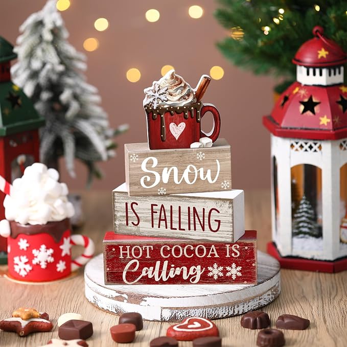 Lineshading 4 Pcs Winter Tiered Tray Set, Hot Cocoa Wood Block Signs | Rustic Farmhouse Decor for Christmas, Wooden Snow Theme Signs with Mug Topper, Layered Tabletop Display, Cozy Winter Accents