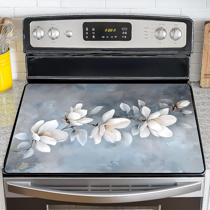 NYZE Stove Top Cover for Electric/Glass Stove, 28x20 Inch Stovetop Cover Flat Top Protector Dish Drying Mat for Kitchen (White Magnolia)