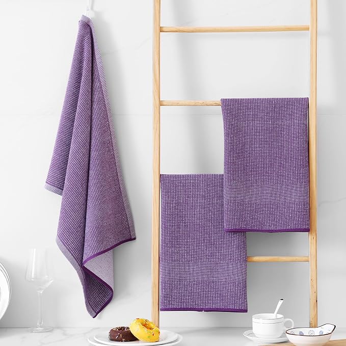 Homaxy 380 GSM Cotton Premium Kitchen Towels 12 Pack, 18"x 28", Purple | Flat and Terry Dish Towels, Highly Absorbent Tea Towel Set with Hanging Loop, Soft Utility Kitchen Hand Towels