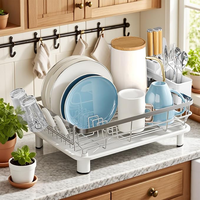 MOUKABAL Stainless Steel Dish Drying Rack for Kitchen Counter, White Silver | 13×17 Large Capacity/Drainboard with Rotating Spout/Removable Cup & Utensil Holders/Fast Drainage/Countertop Dish Drainer