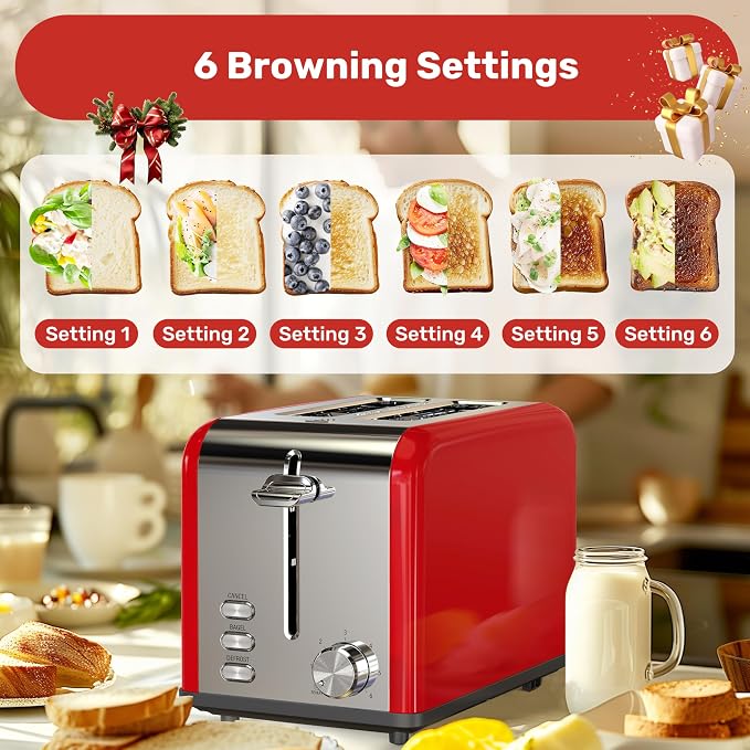 YSSOA Stainless Steel Toaster 2 Slice with Extra Wide Slot & Removable Crumb Tray, 6 Shade Settings and Bagel/Defrost/Cancel Functions, Compact Oven, for Various Bread & Waffle, Red New