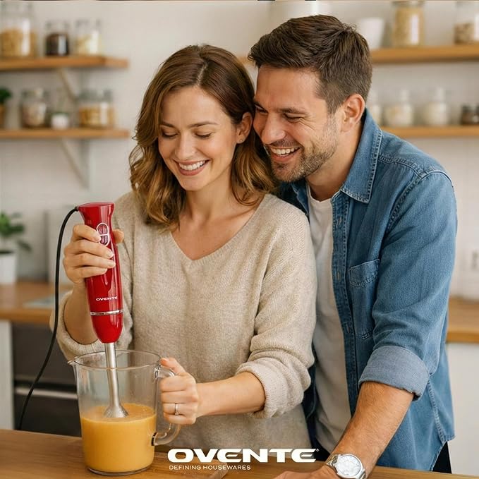 OVENTE Electric Hand Blender Set with 2 Mixing Speeds, 300W Red HS565R | Corded Immersion Handheld Stick Mixer with Stainless Steel Blades, Egg Whisk, Beaker & BPA-Free Food Chopper