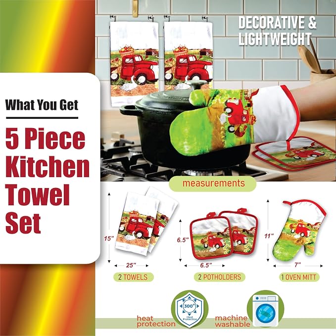 Lobyn Value Pack Vintage Red Truck Design, 5 Piece Set | Kitchen Towel Set with 2 Decorative Dish Towels (25 X15), 1 Oven Mitt (11 X 7) and 2 Potholders (6.5 X 6.5)