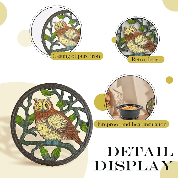 Cast Iron Decorative Trivet for Hot Dishes, Owl Metal Trivet for Hot Pots and Pans with Heat-Resistant Design, Rustic Trivets for Kitchen & Dining