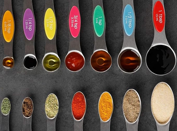 Magnetic Measuring Spoons Set Stainless Steel DualSided Metal Measure Spoon | Stackable Teaspoon Tablespoon for Measuring Dry and Liquid Ingredients, Fits in Spice Jar