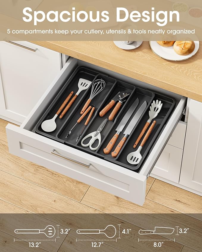 Aujen Silverware Drawer Organizer, Adjustable Utensil Cutlery Tray | Expandable Kitchen Organizer for Forks Knives, Multipurpose Kitchen Storage, Apartment Essentials, Black, X-Large