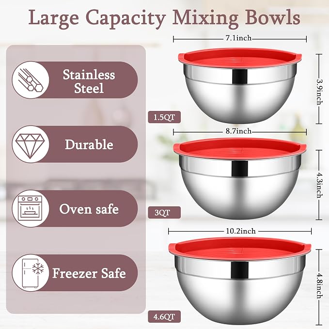LIANYU Stainless Steel Mixing Bowls with Lid, Kitchen Baking Bowl Set of 3 | Metal Nesting Bowl for Easy Storage, Dishwasher Safe, 1.5QT & 3QT & 4.6QT, Red