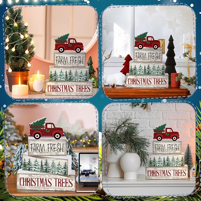 Lineshading 4 Pcs Wooden Christmas Blocks Red Truck Farmhouse Decor | Farm Fresh Tiered Tray Signs, Christmas Trees Design, Rustic Tabletop Decor for Holiday, Vintage Red Truck Topper