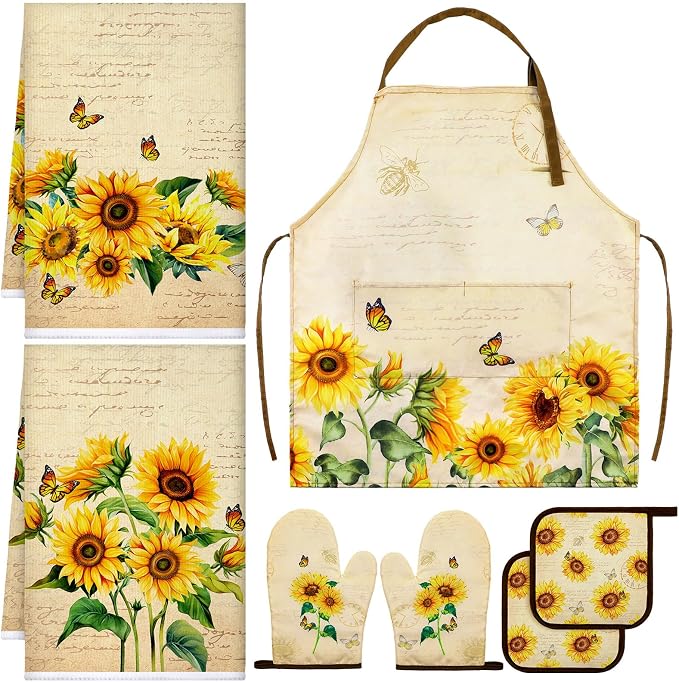 7 Pcs Sunflower Kitchen Linen Set Includes Apron 2 Towels Oven Mitt 2 Pot Holders Cottage core Kitchen Decor Gift