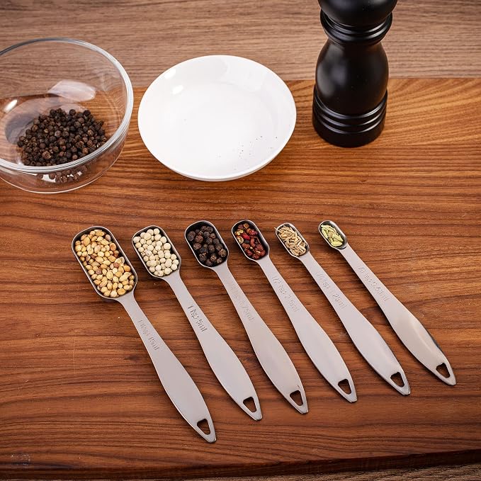 6-Piece 18/8 Stainless Steel Measuring Spoons Set, Dark Gray | Six Engraved US and Metric Sizes From 1/8 TSP to 1 Tbsp Fit Narrow Spice Jars and Stay Together On an O-shaped Ring