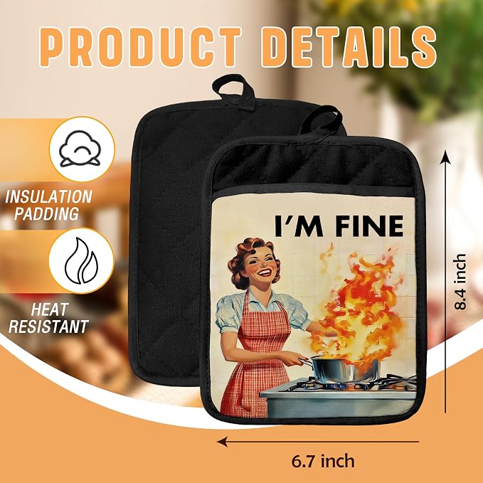 I'm Fine Funny Kitchen Pot Holders with Pockets, Humorous Cooking Housewife Oven Pot Holders Heat Resistant Oven Mitts Hot Pads for Kitchen Baking Cooking