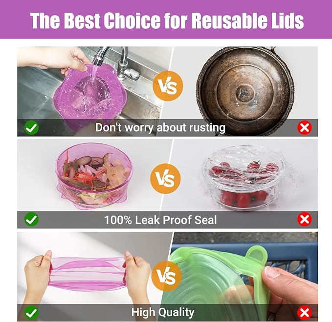 Silicone Stretch Lids for Food Storage in Fridge, Reusable Elastic Bowl Covers for Cup, Cans, Jars, Round & Rectangle Container, Food Grade Silicone Microwave Food Cover, Purple, 6PCS