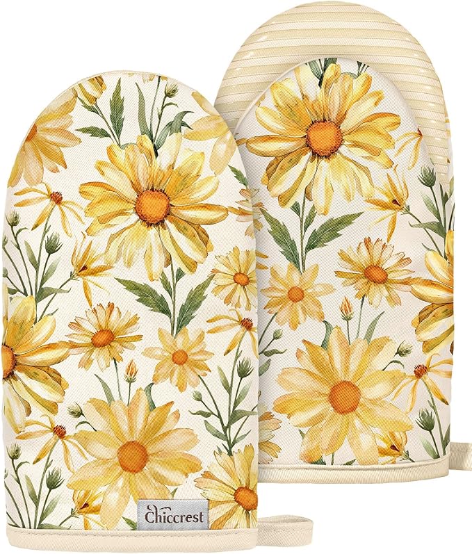 100% Thick Cotton Mini Oven Mitts Silicone Grip Watercolor Daisy | Elegant Classic Oven Mitts for Women, Machine Washable, Non-Slip, Reversible Design Fits Both Hands, Stylish Kitchen Decor