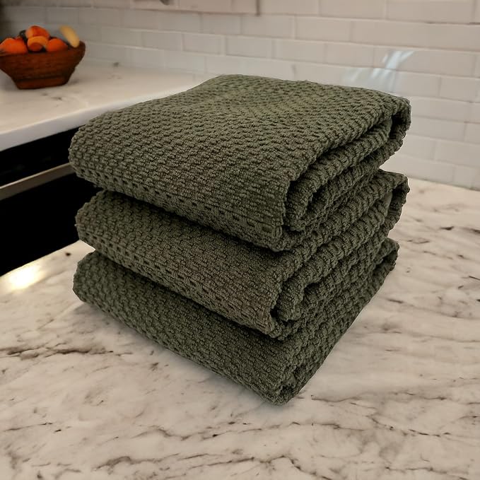 Olive Green Kitchen Hand Dish Towels, Set of 3, 100% Cotton, 18" x 28" | Terry Loop Ribbed Textured, Soft & Absorbent Cleaning Cloth, Quick Dry, Multipurpose for Everyday Use
