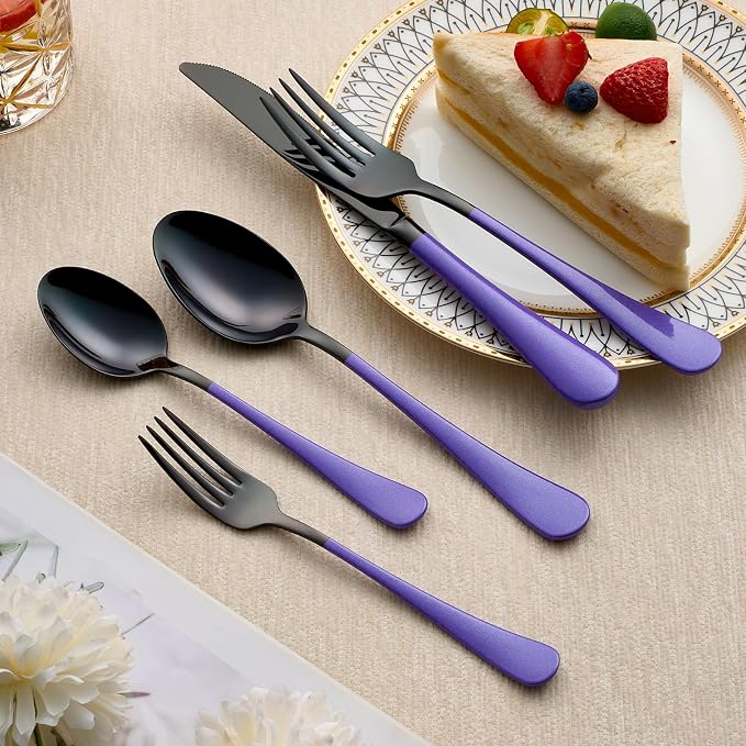20-Piece Black and Purple Silverware Set 18/0 Stainless Steel Silverware Set Lake Blue Handle Cutlery Set Service for 4 Dinner Knives Forks Spoons Set Flatware Set Finish Dishwasher Safe