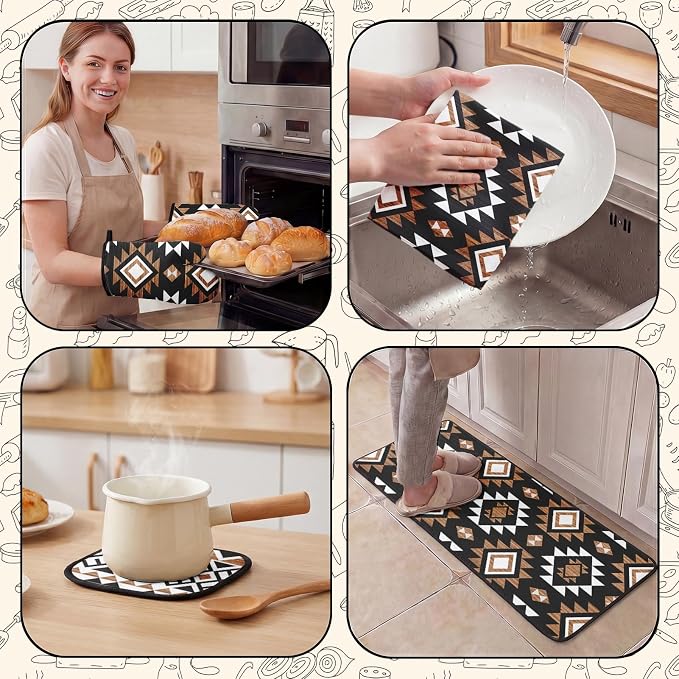 10 Pcs Kitchen Decor and Accessories Set, Western Boho | Aztec Tribal Geometric 4 Dish Towels Kitchen Rugs 2 Oven Mitts 2 Pot Holders, Home Decor for Cooking Baking BBQ Housewarming