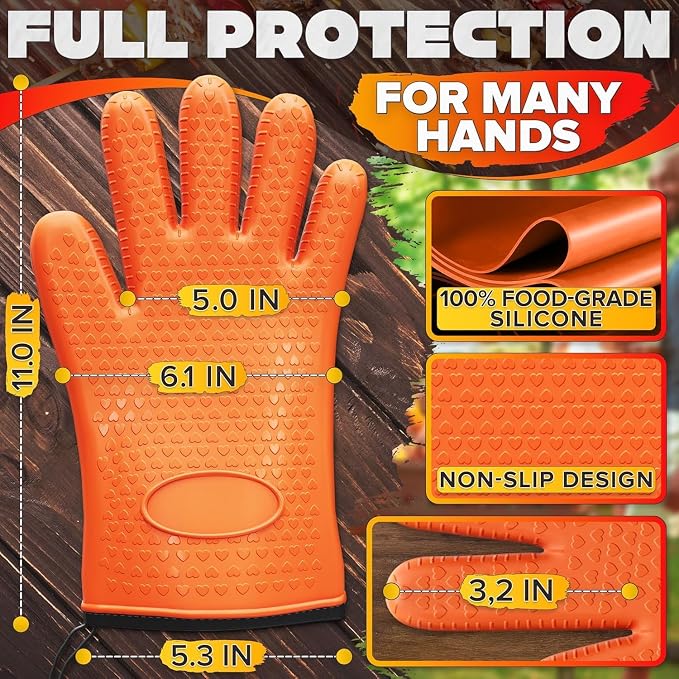 Silicone Grill Gloves for Cooking, Non-Slip and Heat Resistant Material | 11x5.3" Silicone BBQ Gloves with Cotton Lining; Waterproof; Suitable for Grilling, BBQ, Smoker, Handling Hot Pots and Pans