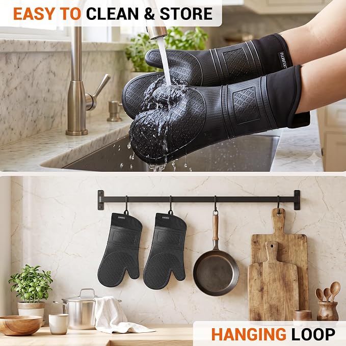 Silicone Oven Mitts, 14.2" Extra Long, Heat Resistant, Black | Heat resistant up to 570°F, wrist and forearm coverage, non-slip grip, waterproof exterior, 2-pack