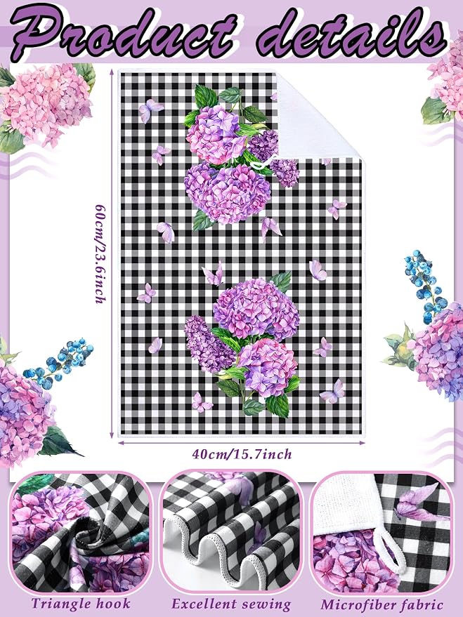 4 Pcs Hydrangea Kitchen Towels Purple Hand Dish Towels Gifts | Butterfly Floral Flower Fast Drying Absorbent Tea Cloths Housewarming Gift for Home Cooking Kitchen Bathroom