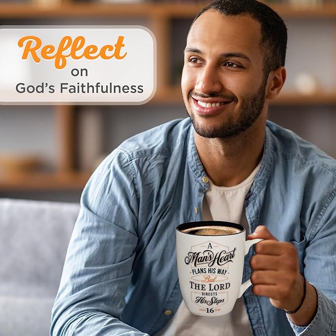 Christian Art Gifts Inspirational Ceramic Coffee & Tea Scripture Mug for Men: A Man's Heart Encouraging Bible Verse Proverb, Novelty Drinkware, Golden Foil Accents, White & Black, 12 oz.