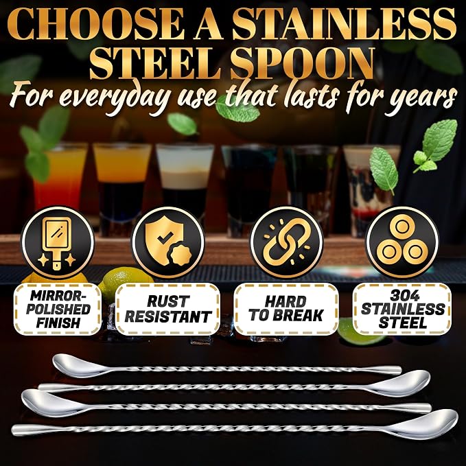 4 Pcs Bar Spoon Set, 12" Long, 18/8 Stainless Steel Cocktail Stirrers | Long Handle Sugar Spoon, Spiral Twisted Design, Corrosion Resistant, for Coffee, Tea, Dirty Soda, Home Bar, and Gifts