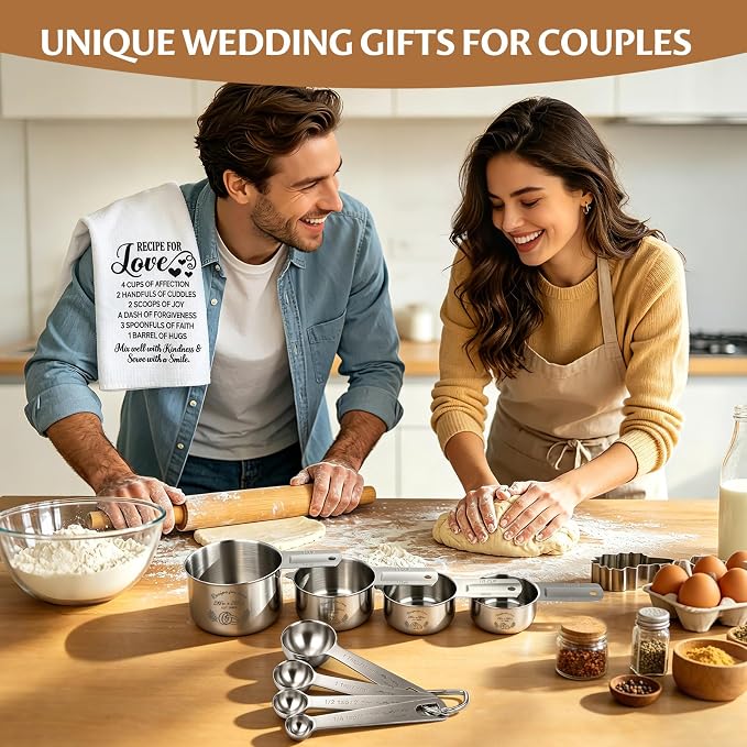 Wedding Gifts for Couples 2026, Bridal Shower Gifts for Bride to Be, Engagement Gift for Newlyweds, Bride Gift, Mr and Mrs Measuring Cups and Spoons Set with Dish Towel