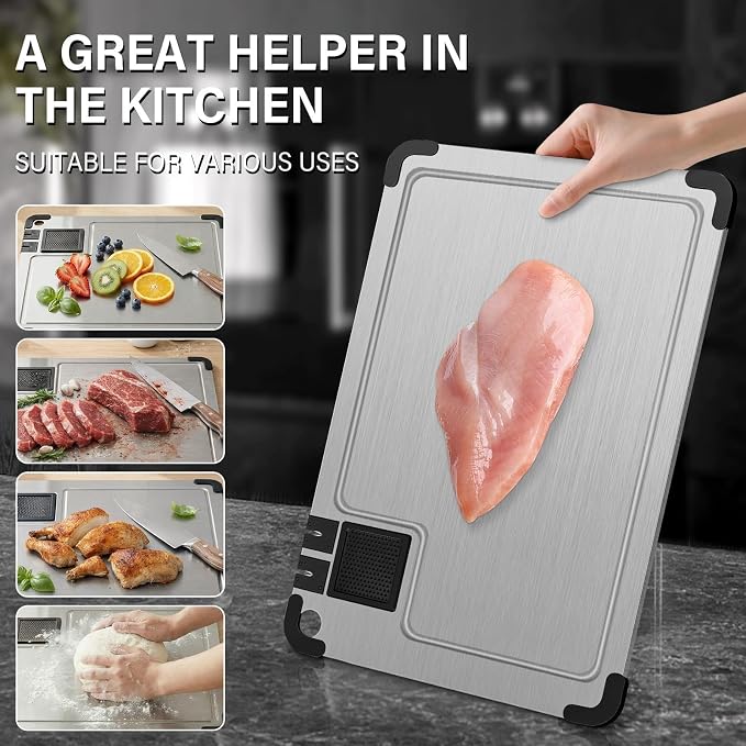 Titanium Cutting Board for Kitchen, 2026 New Food-Grade Board, with Sharpenersr, Garlic Grinding Area, Juice Groove, Non-Slip Corner Guards, Multifunctional Non Toxic Chopping Board, 14.2"x9.8"