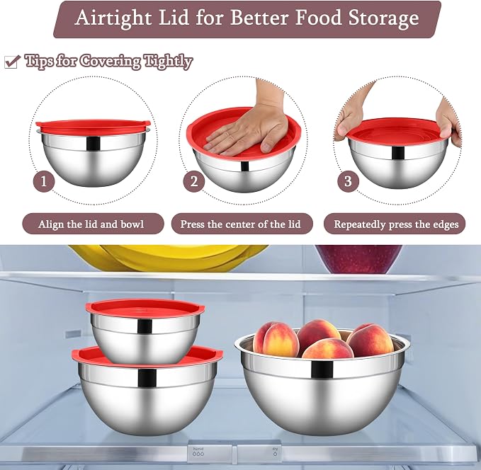 LIANYU Stainless Steel Mixing Bowls with Lid, Kitchen Baking Bowl Set of 3 | Metal Nesting Bowl for Easy Storage, Dishwasher Safe, 1.5QT & 3QT & 4.6QT, Red