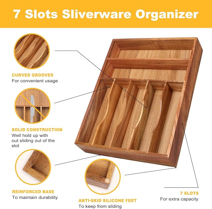Kitchen Acacia Silverware Organizer - Extra Deep Grooved Drawer Divider, 7 Slot Utensil Organizer