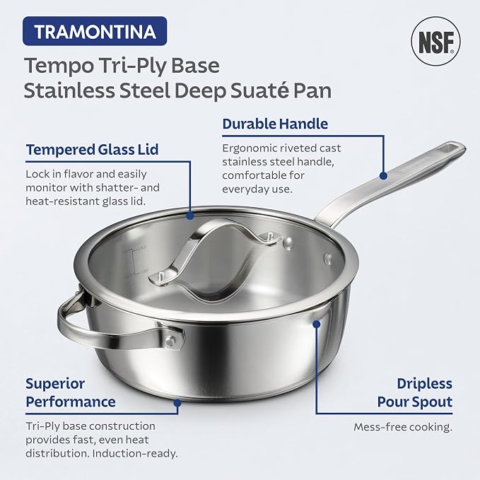 Tramontina Tempo Tri-Ply Base Stainless Steel 3.5-Qt Saute Pan with Lid | Induction-Ready Cooking Pan, Oven-Safe, Dishwasher-Safe