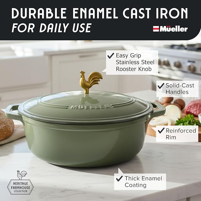 MUELLER HOME 5.5 Quart Enameled Cast Iron Oval Dutch Oven w Rooster Knob & Cotton Potholders, Heavy-Duty Cookware, Oven-Safe up to 500° F & Across All Cooktops, Gifts for Grandma & Women, Thyme Green | w Rooster Knob & Cotton Potholders, Heavy-Duty Coo...