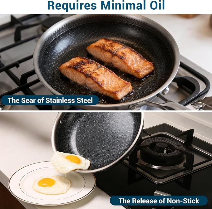 8 Inch Tri-Ply Stainless Steel Hybrid Frying Pan, Ceramic Nonstick Skillet, Induction & Oven Safe 600°F, PFAS/PFOA Free Professional Clad Cookware