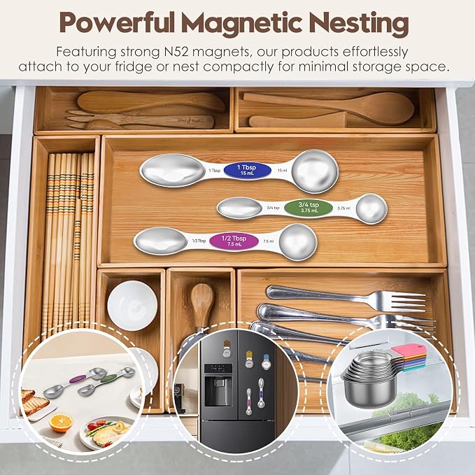 Magnetic Measuring Cups and Spoons Set – 304 Stainless Steel | Dual-Sided Markings | Space-Saving Kitchen Organizer | N52 Magnetic Nesting | 15-Piece with Leveler | Baking & Gift(Colorful)